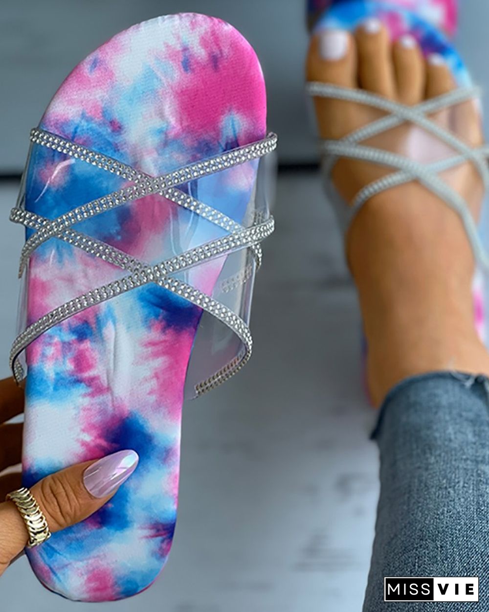 Tie Dye Print Clear Perspex Studded Flatform Slippers