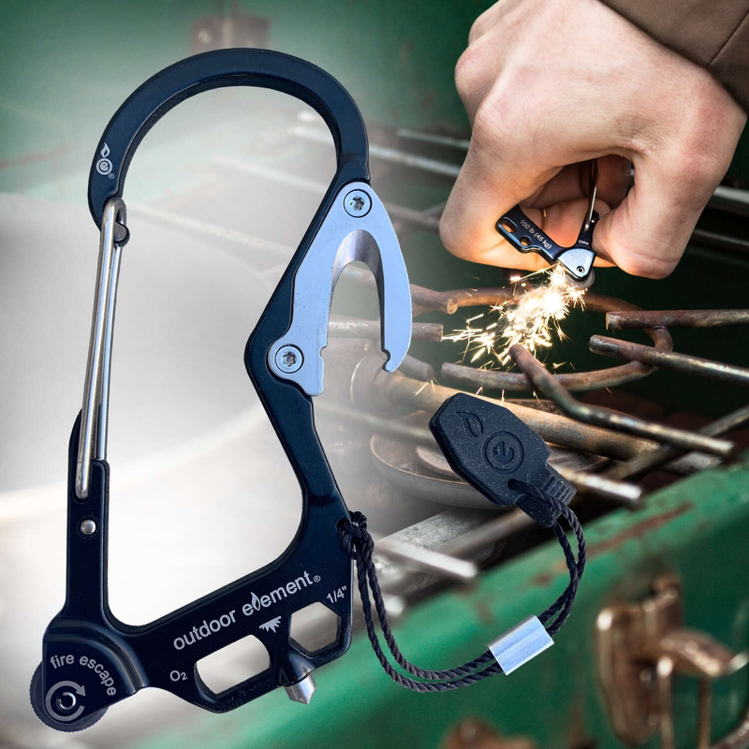 Outdoor Element Fire Escape Black Carabiner Multi Tool