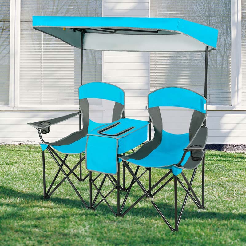 Double Sunshade Camping Canopy Chair with Mini Table, Cup Holder, Portable Folding Beach Chair with Canopy