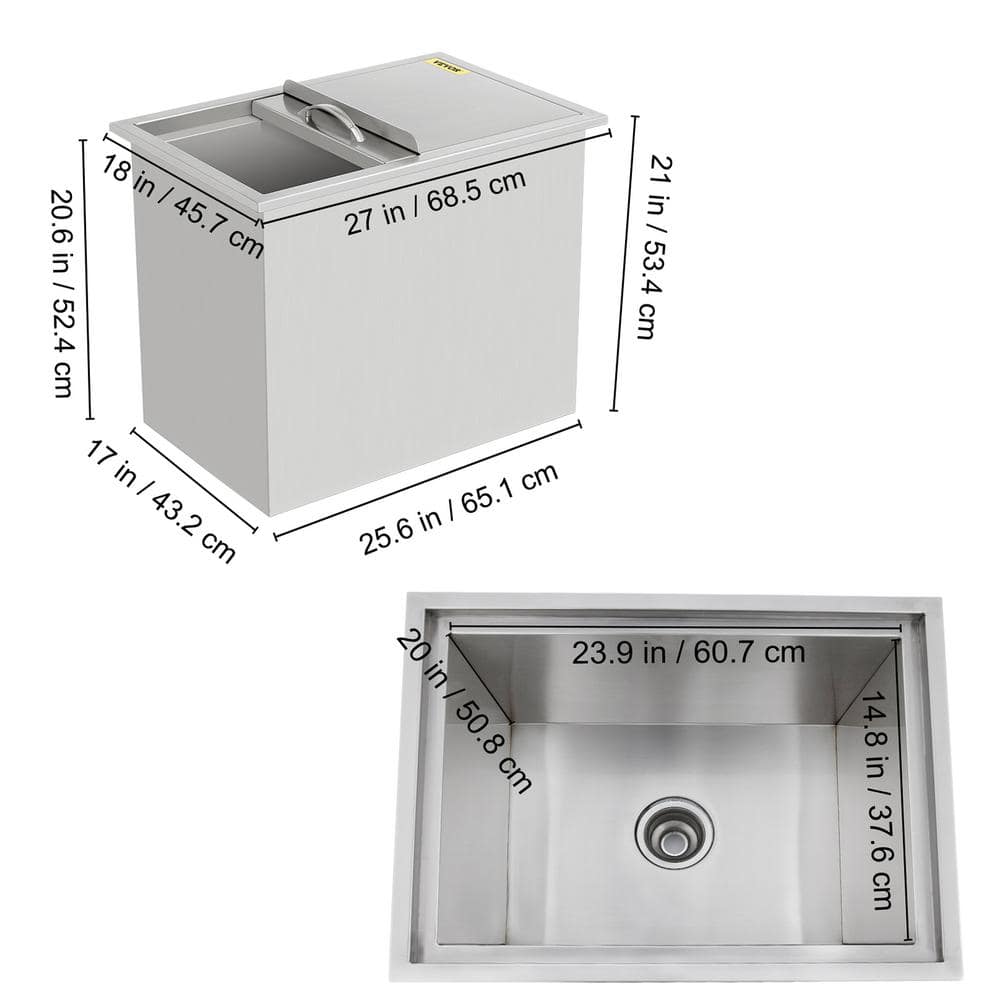 VEVOR 121.5 Qt. Drop in Ice Chest with Sliding Cover 27 in. x 18 in. x 21 in. Stainless Steel Ice Bin for Dinner Party JG18X27X210000001V0