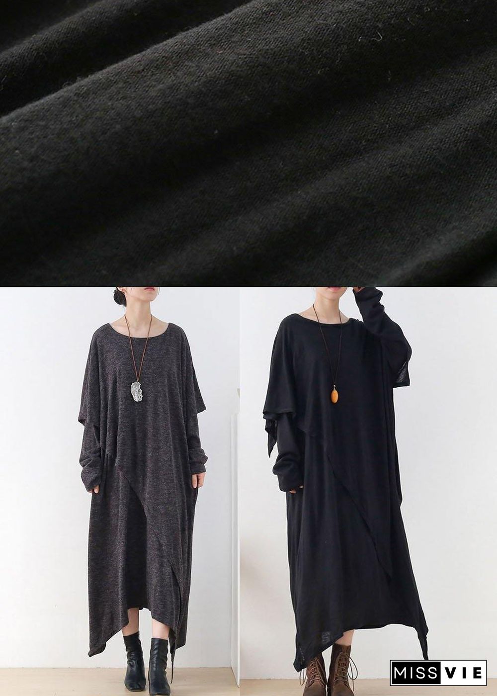 DIY Black Loose Asymmetrical Design Fall Cotton Long Sleeve Dresses