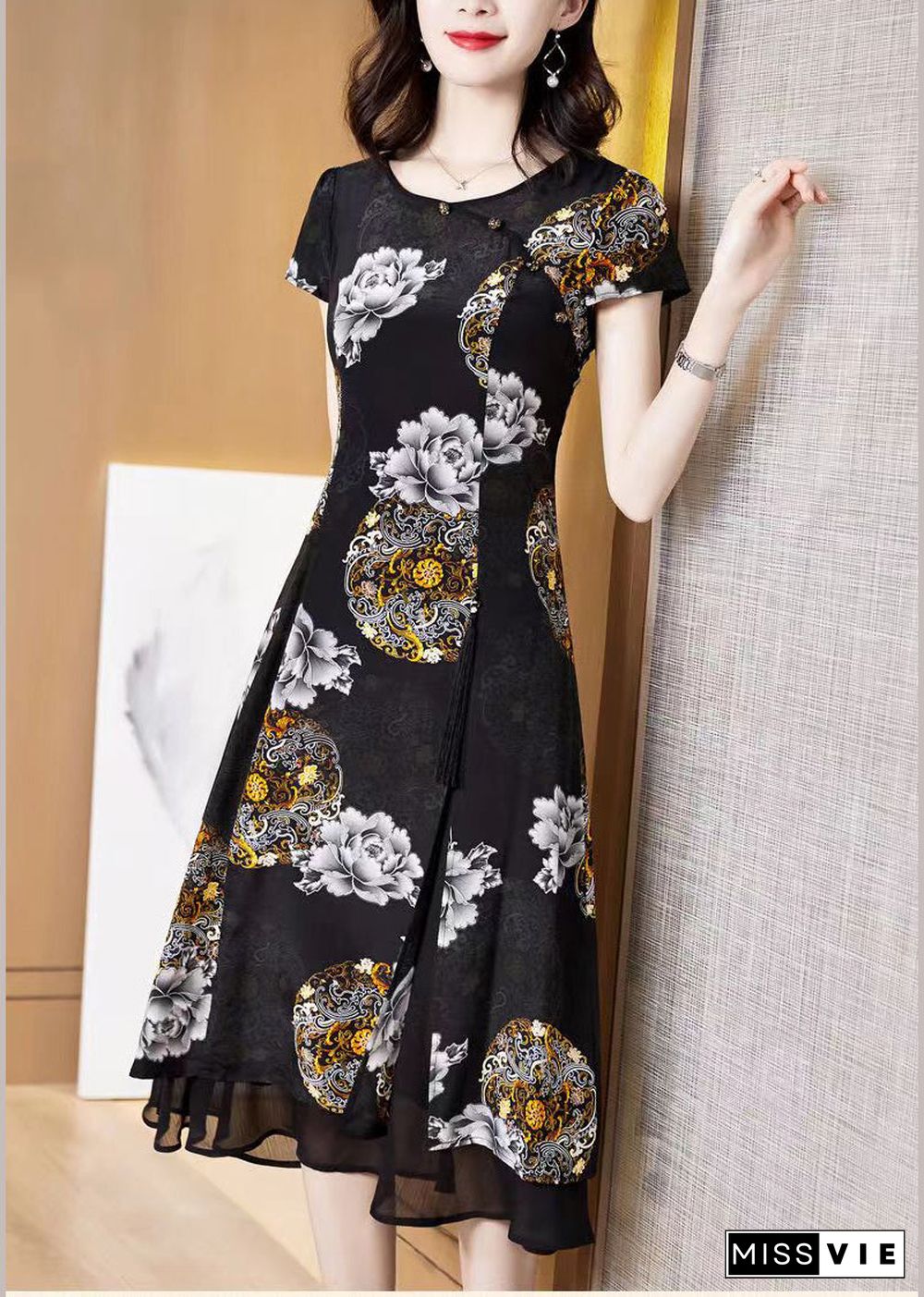 Classy Black O-Neck Print Layered Design Silk Holiday Dress Short Sleeve