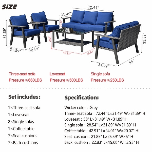 OVIOS 5piece Outdoor Steel Frame Ottoman Wicker Solid Pattern Cushion Sectional Set Glass Top Table