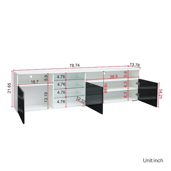 78 inch High Gloss Entertainment Center RGB LED Lights Open Doors Modern TV Stand with Left 3-Tier Glass Shelf and Cabinets