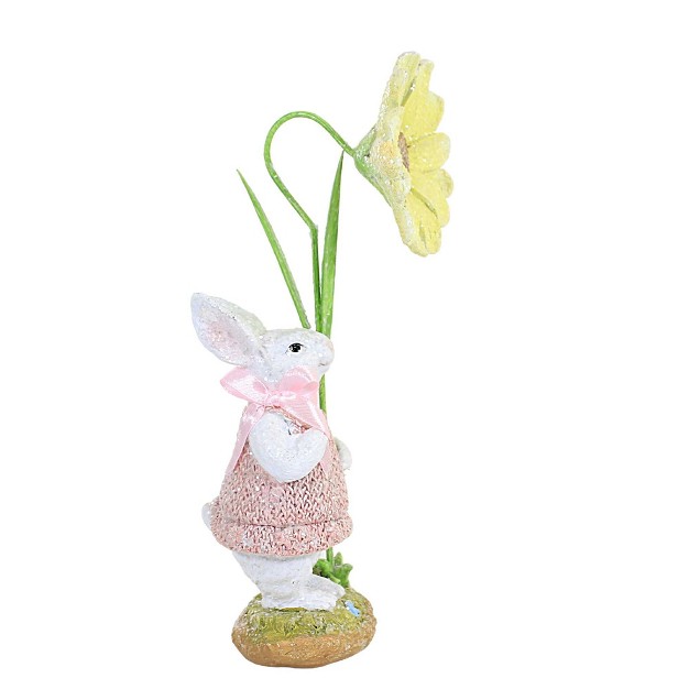 Easter Bunny In Pink Dress Figurine One Figurine 10 75 Inches Glittered Daisy Flower 20372a Polyresin Pink