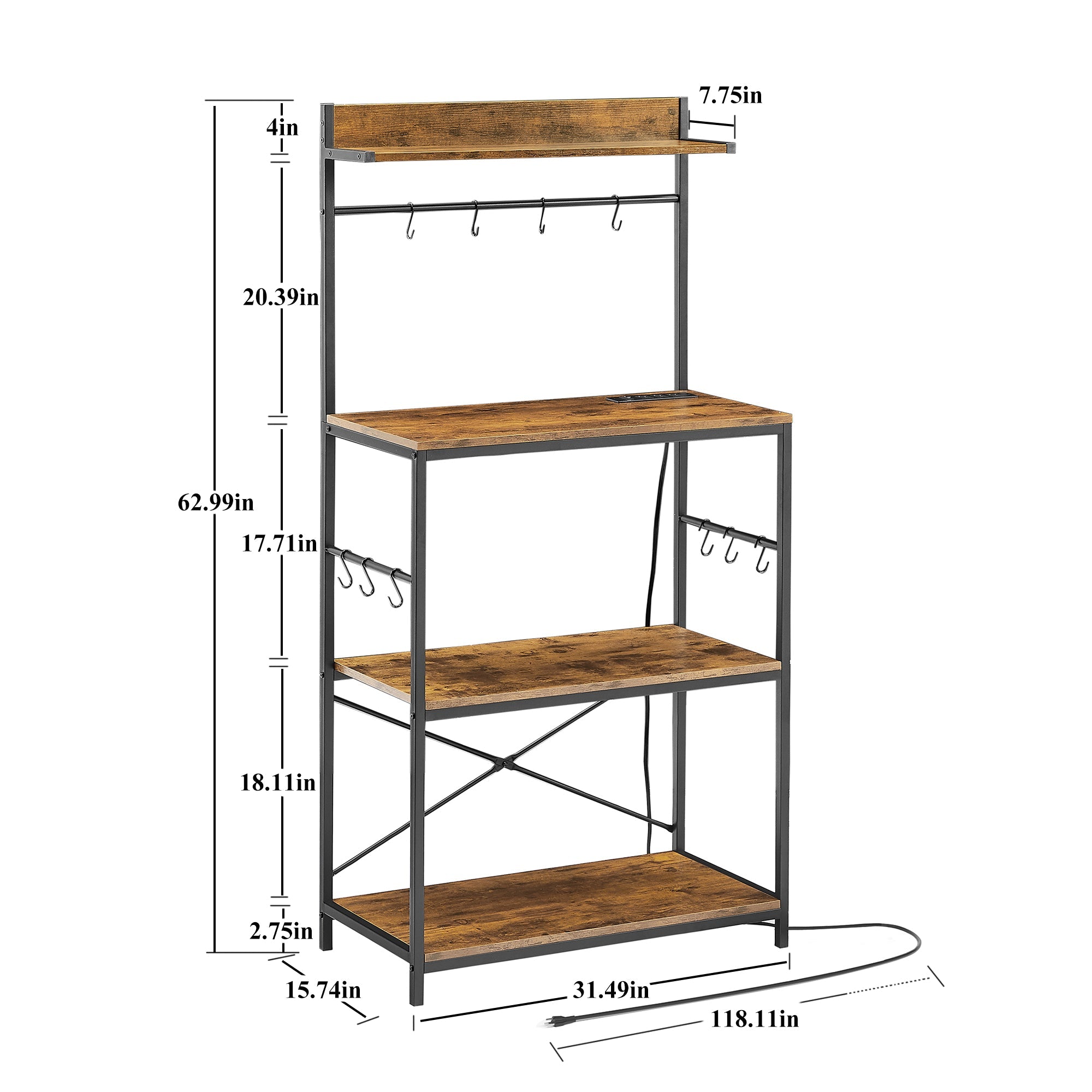 VECELO 4-Tier Baker's Rack with Power Outlets， Microwave Oven Stand with Wire Panel， Kitchen Storage Rack with 4 Hooks， Brown