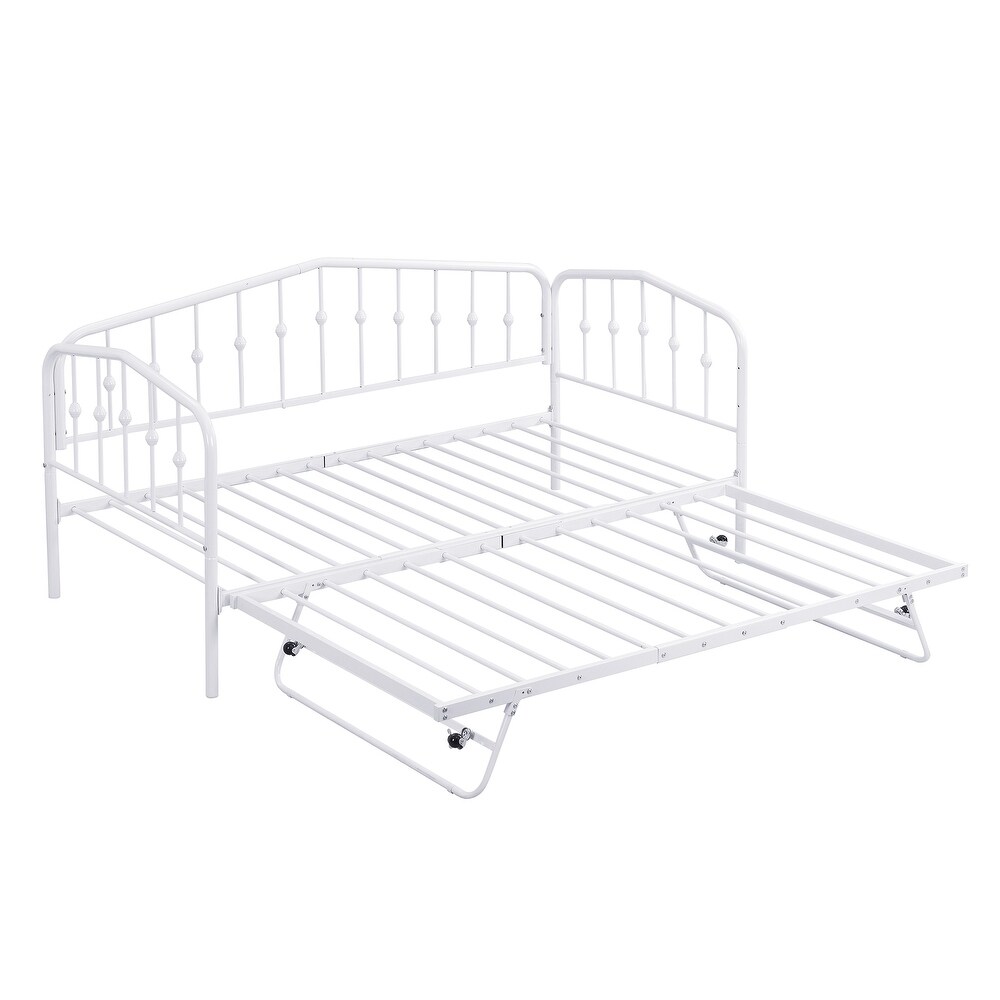 White Twin Size Stylish Metal Daybed with Twin Size Adjustable Trundle