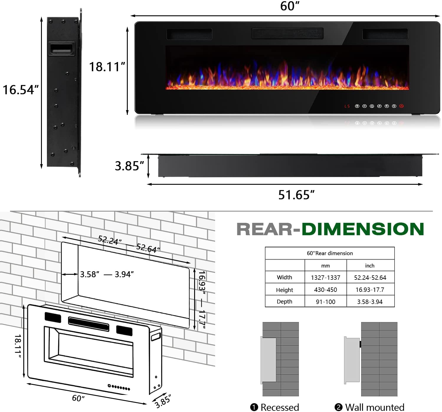 Waleaf 60 inch Ultra-Thin Silence Linear Electric Fireplace Inserts, Recessed Wall Mounted Fireplace, Fit for 2 x 4 and 2 x 6 Stud, Adjustable Flame Color & Speed,Touch Screen Remote Control 8h Timer