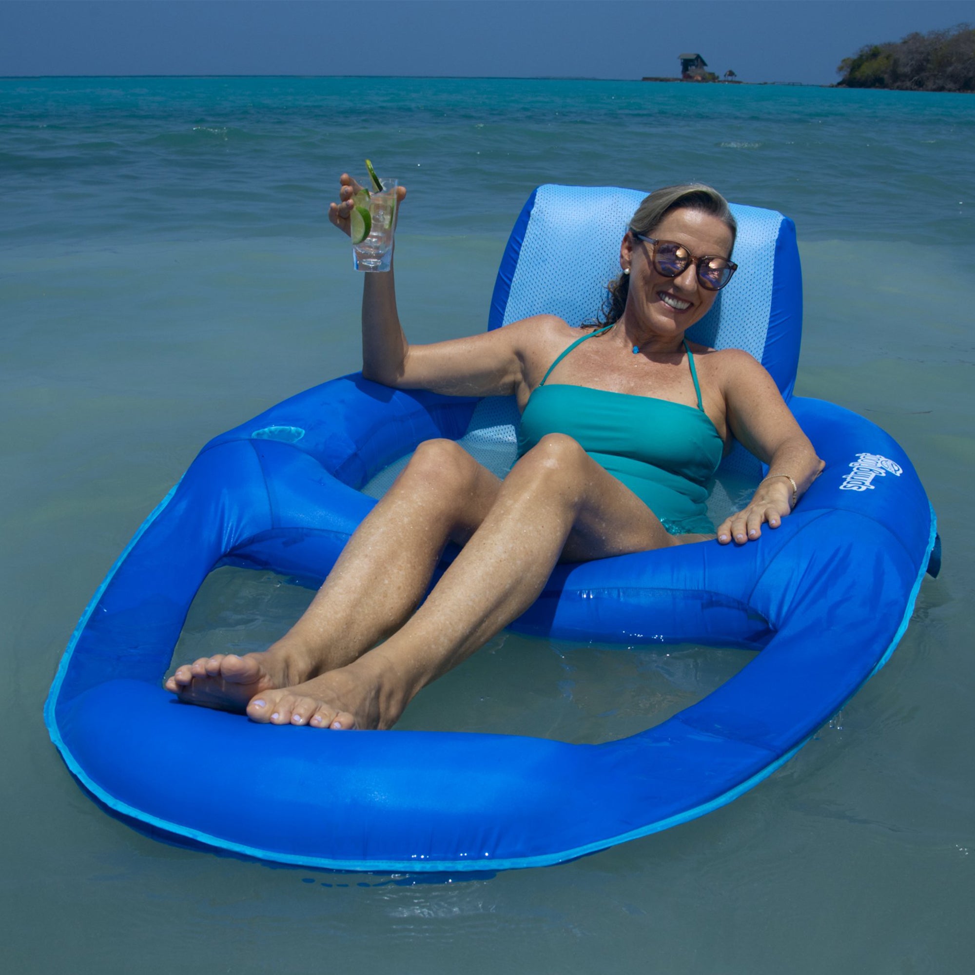 SwimWays Spring Float Swimming Pool XL Lounger Chaise Inflatable Floating Chair w/Cup Holder & Additional Leg Room, Dark & Light Blue