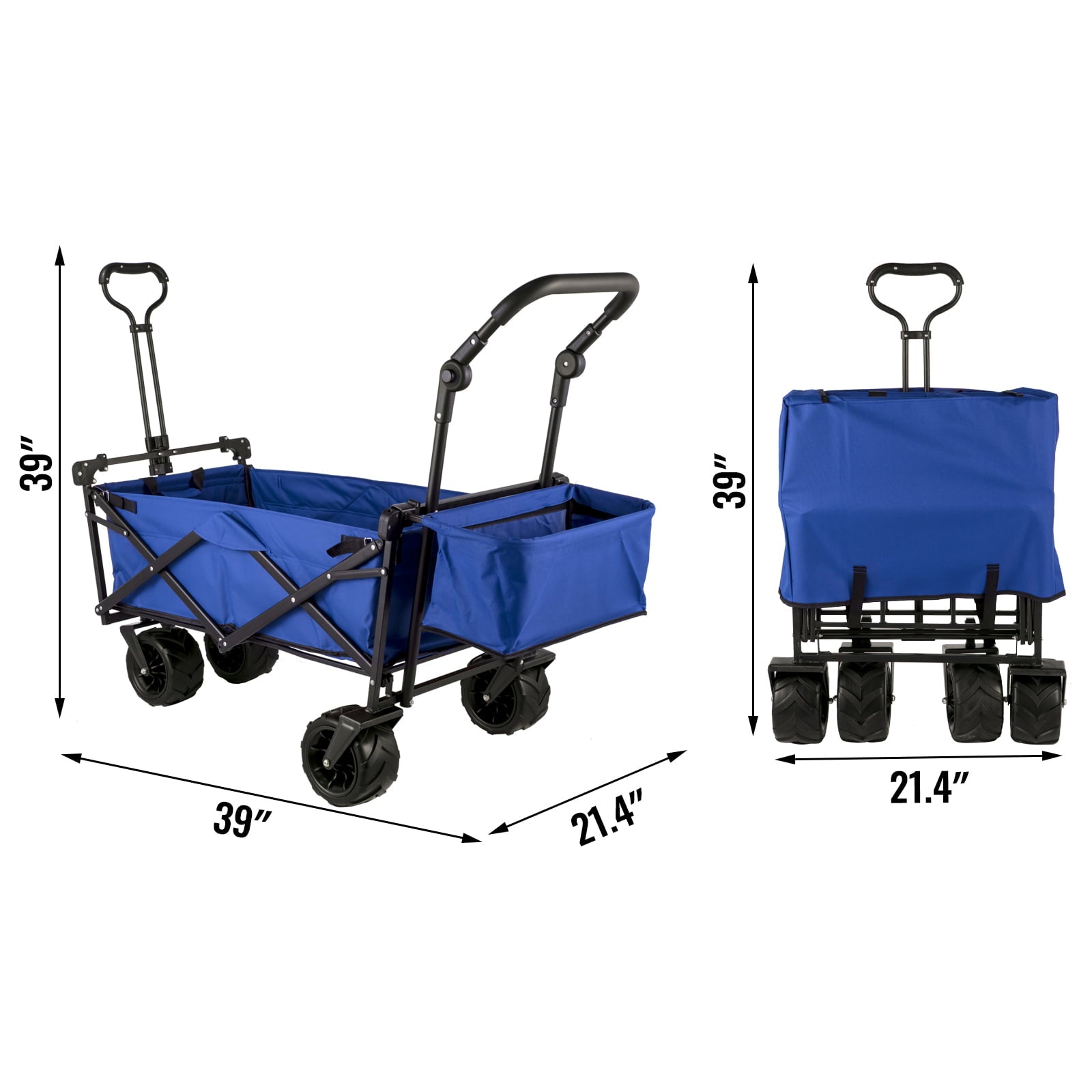 VEVORbrand Collapsible Wagon Cart Blue, Foldable Wagon Cart Removable Canopy 600D Oxford Cloth, Collapsible Wagon Oversized Wheels, Portable Folding Wagon Adjustable Handles, Beach, Garden, Sports