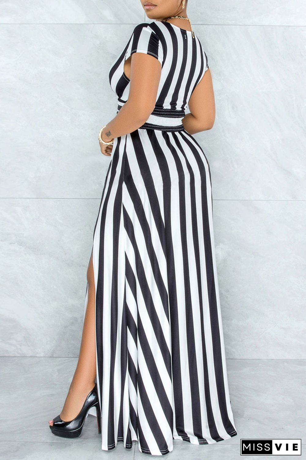 Black Sexy Striped Print Patchwork Slit V Neck A Line Dresses