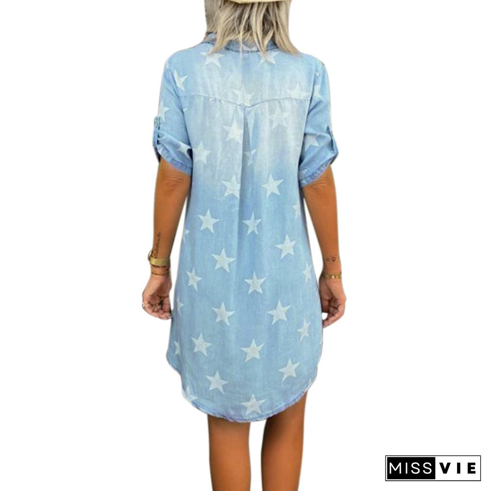 Star Print Denim Mini Dress for Women Summer Turn-down Collar Shirt Dresses Fashion Short Sleeve Jeans Dress Pullover D30