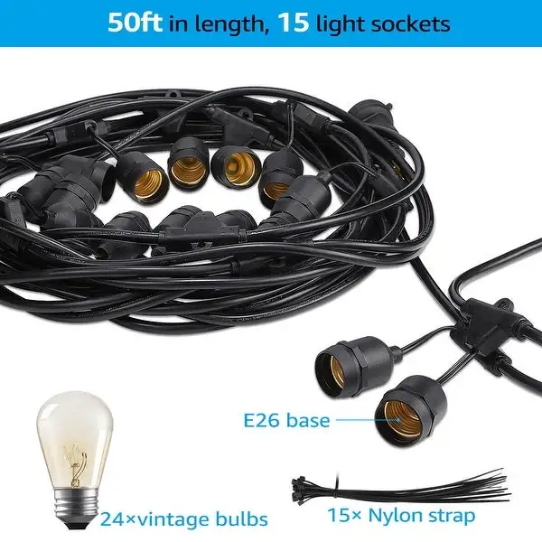 50ft Outdoor String Lights, Vintage Bulb Hanging Light, Bulbs Included