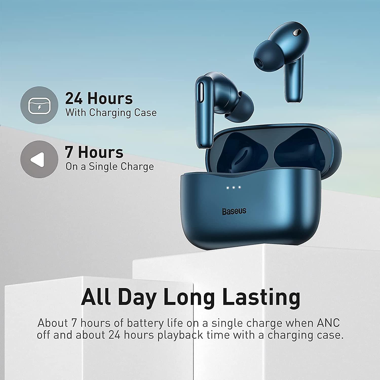 Baseus Wireless Earbuds Hybrid Active Noise Cancelling with 6 Mics， ANC Headphones in Ear with Microphone， IP55 Waterproof Immersive Sound Deep Bass Built in Mic Headset TWS Stereo Earphones(Blue)