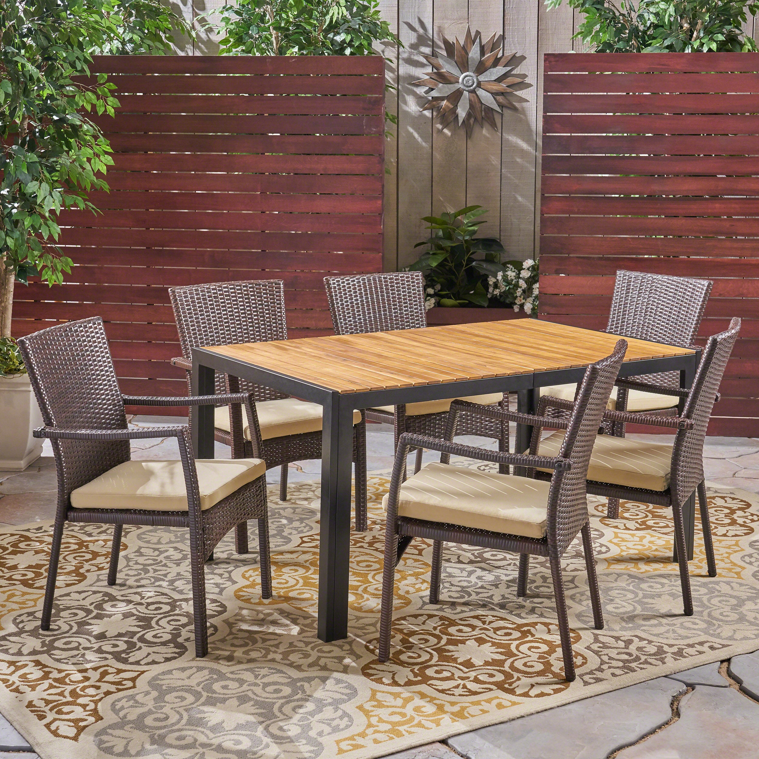 Faithe Outdoor 6-Seater Rectangular Acacia Wood and Wicker Dining Set, Teak with Black and Brown with Cream