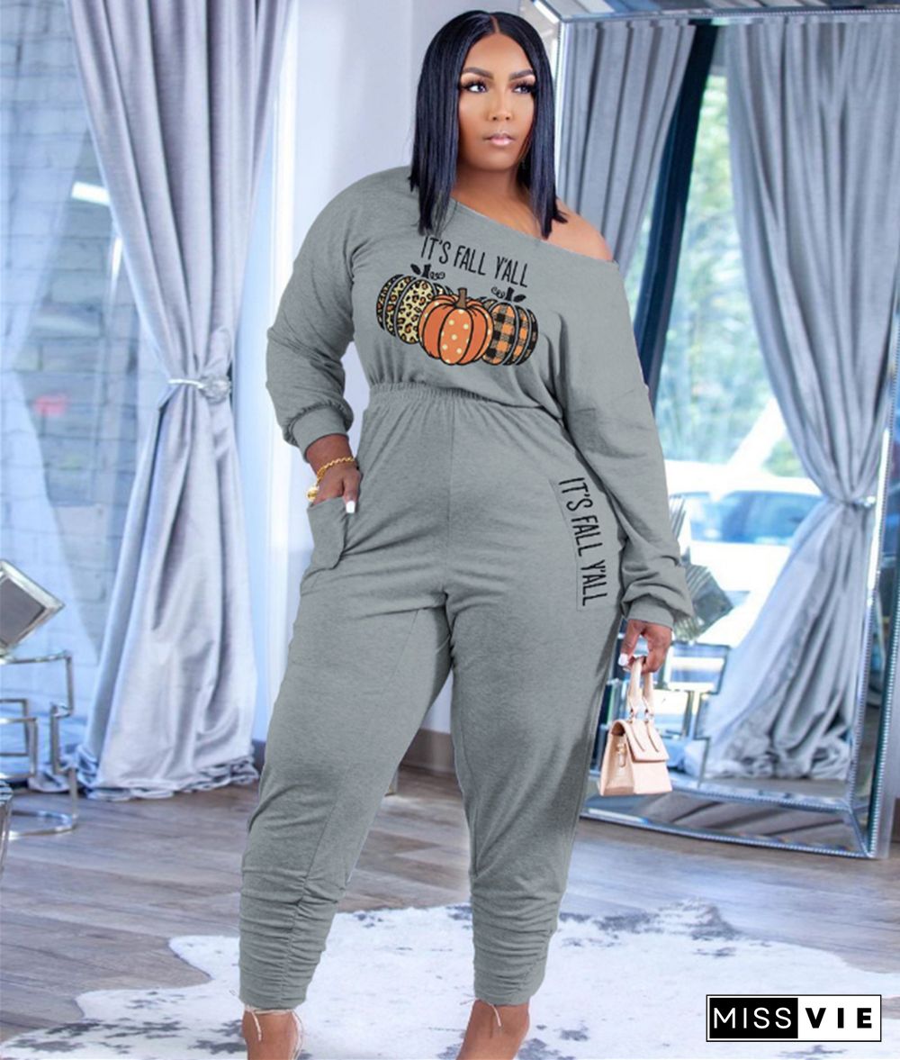 Casual Long Sleeve Print One Piece Plus Size Jumpsuits