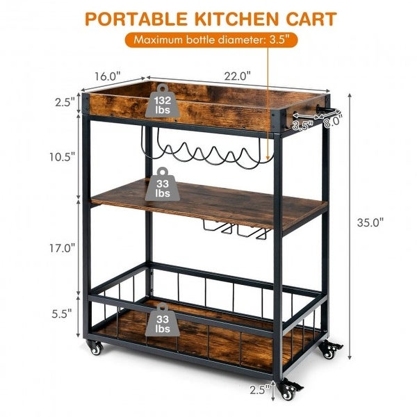 3-Tier Rolling Kitchen Bar Cart with Wine Rack-Rustic Brown - 2