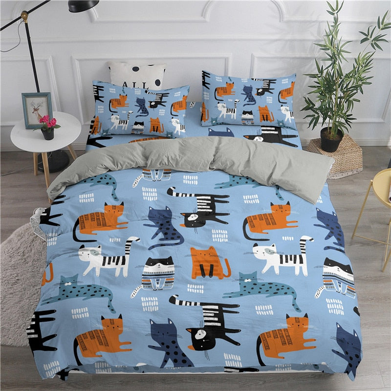 Cartoon Duvet Cover Set Cute Cats Printed 3D