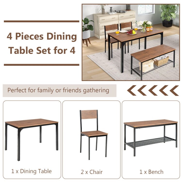 4 Pieces Rustic Dining Table Set with 2 Chairs and Bench   43\