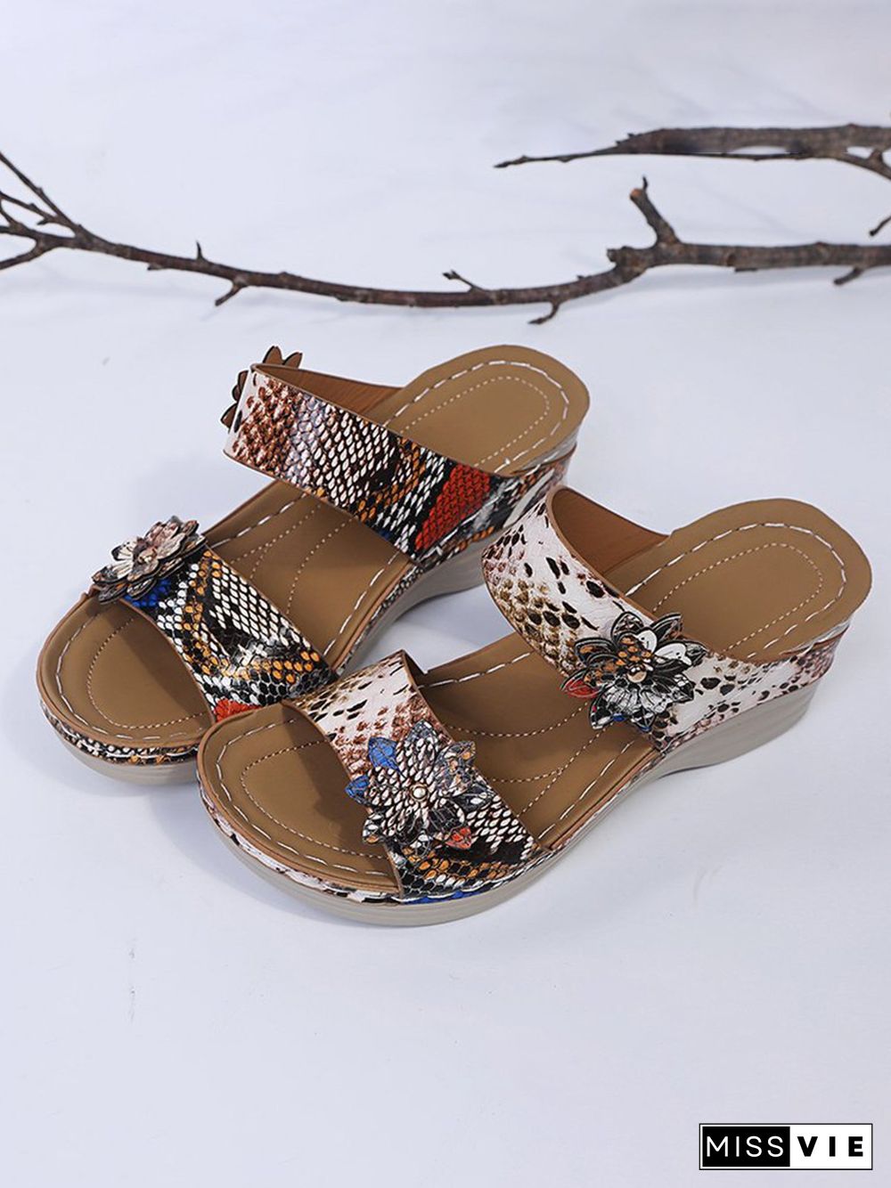 3D Floral Snake Print Wedge Sandals Slippers