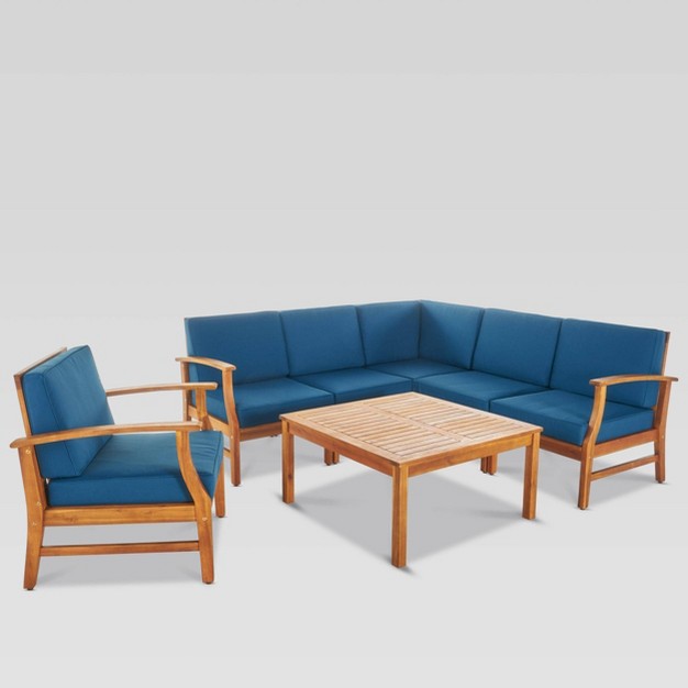 Perla 7pc Acacia Wood Seating Set Teak blue Christopher Knight Home