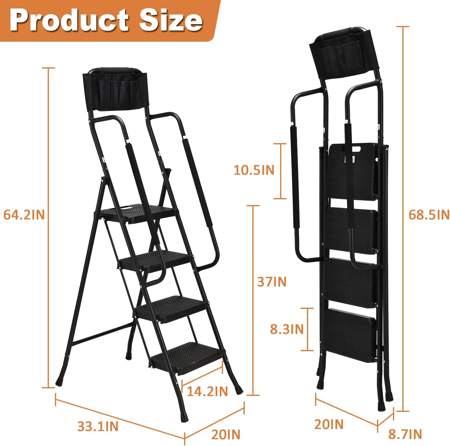 3 Step Ladder, Folding Step Stool with Wide Anti-Slip Pedal, 500lbs Sturdy Steel Ladder, Convenient Handgrip, Lightweight, Portable Steel Step Stool, Black