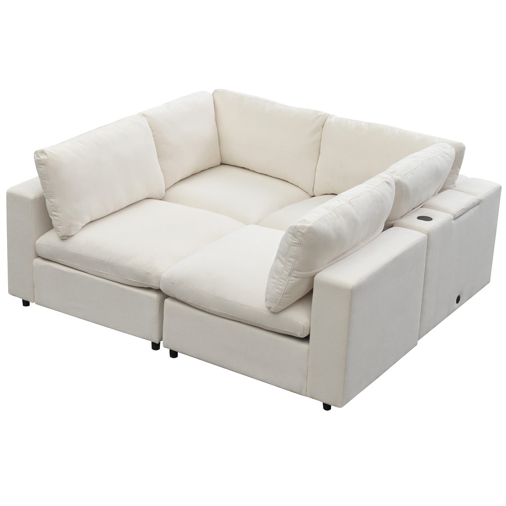 Built in Bluetooth Upholstered Sofa Movable Sectional Sofa Set with USB Charge Ports and Removable Cushions for Living Room