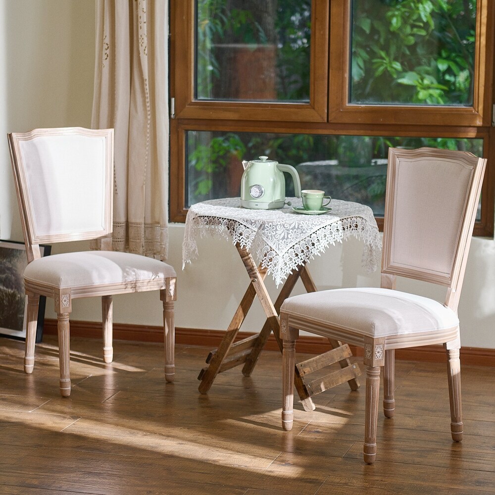 Set of 2 French Side Chairs with Carved Wood Legs   Linen Upholstery