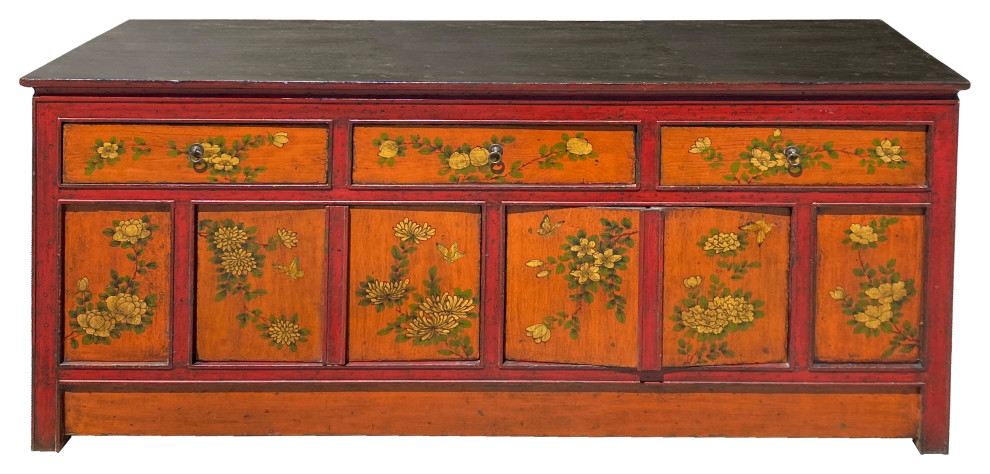 Chinese Tibetan Orange Red Yellow Flower Graphic Low TV Console Table Hcs7317   Asian   Console Tables   by Golden Lotus Antiques  Houzz