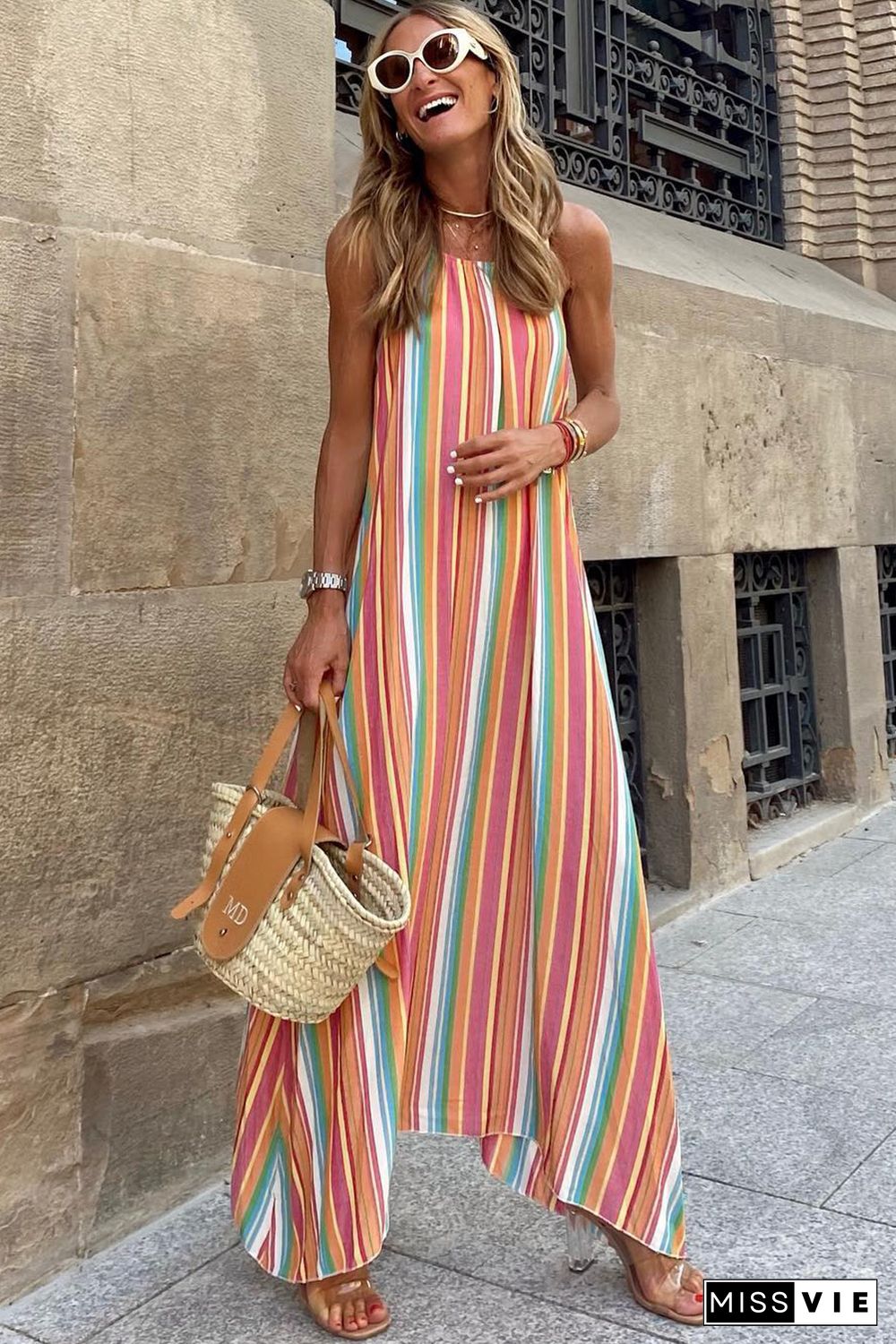 Bohemian Striped Print Sleeveless Holiday Maxi Dress