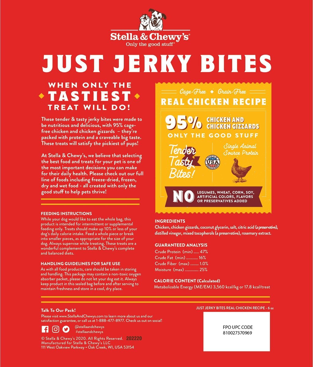 Stella and Chewy's Just Jerky Bites Real Chicken Recipe Grain-Free Dog Treats