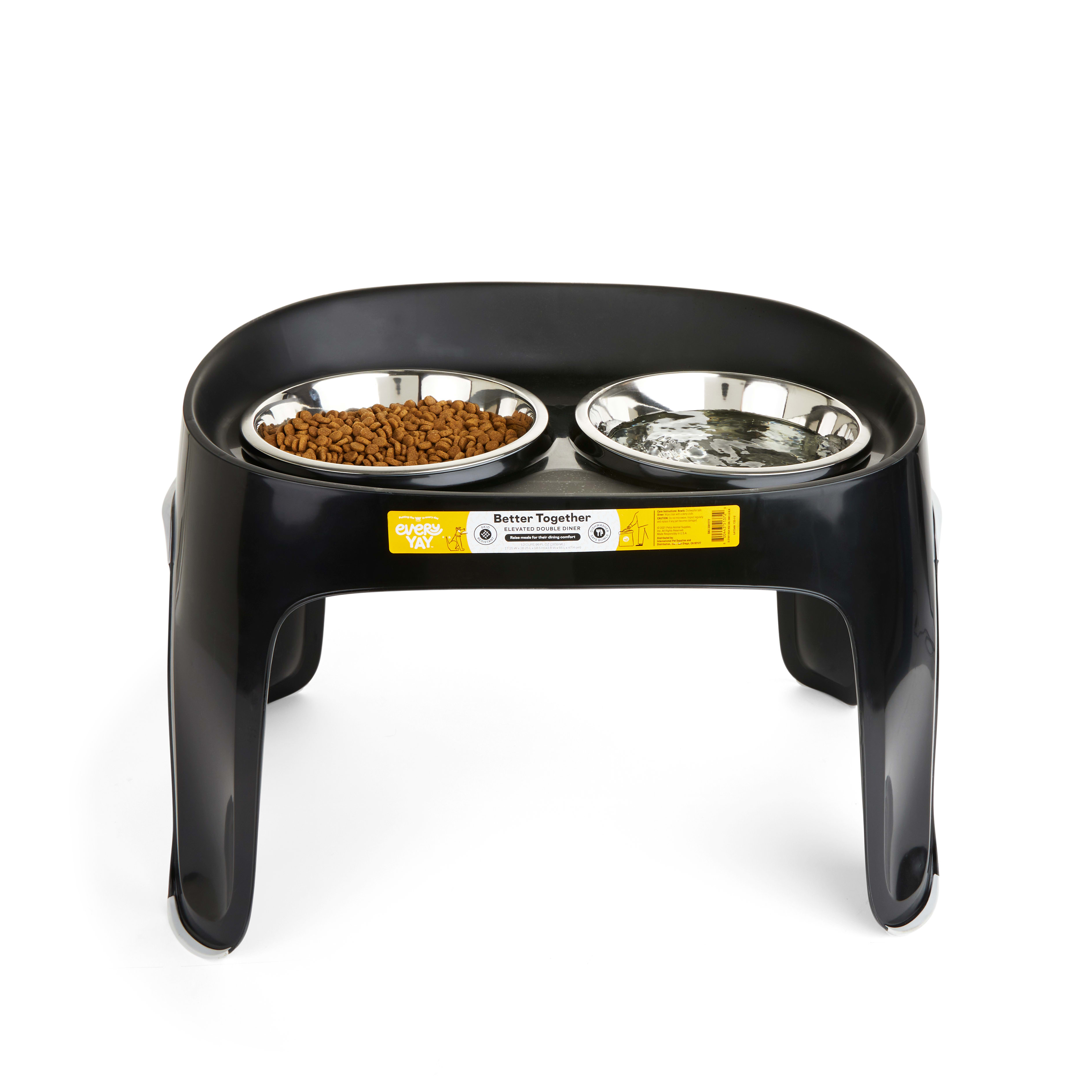 EveryYay Essentials Better Together Black Elevated Double Diner Dog Feeder， 12 Cups