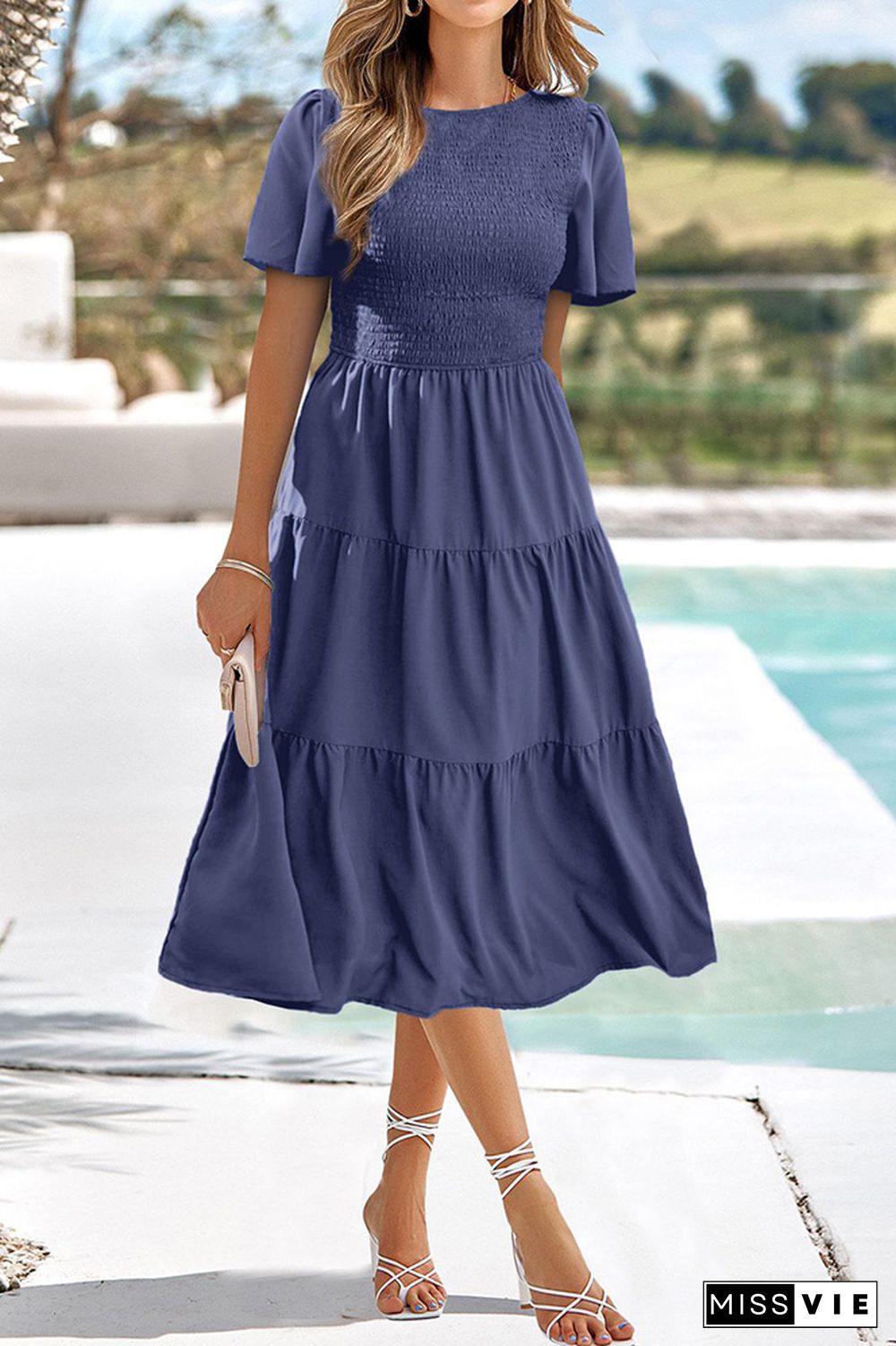 Plain Smocked Puff Tiered Maxi Dress