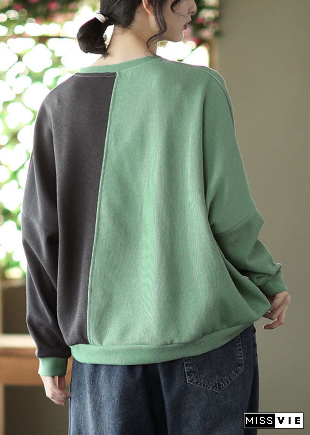 Modern Green Patchwork Cotton Sweatshirts Top Spring