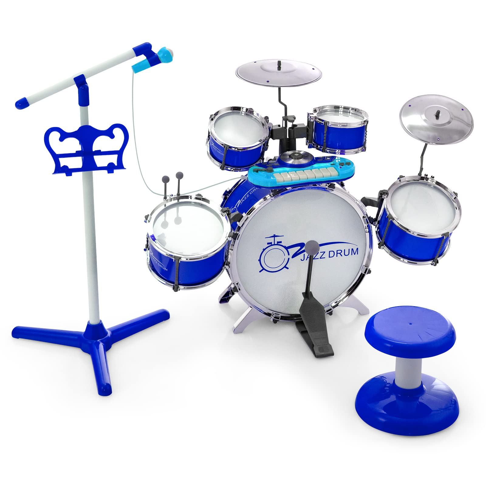 Costzon Kids Drum Keyboard Set with Stool & Microphone Stand, Jazz Drum Set with Cymbal