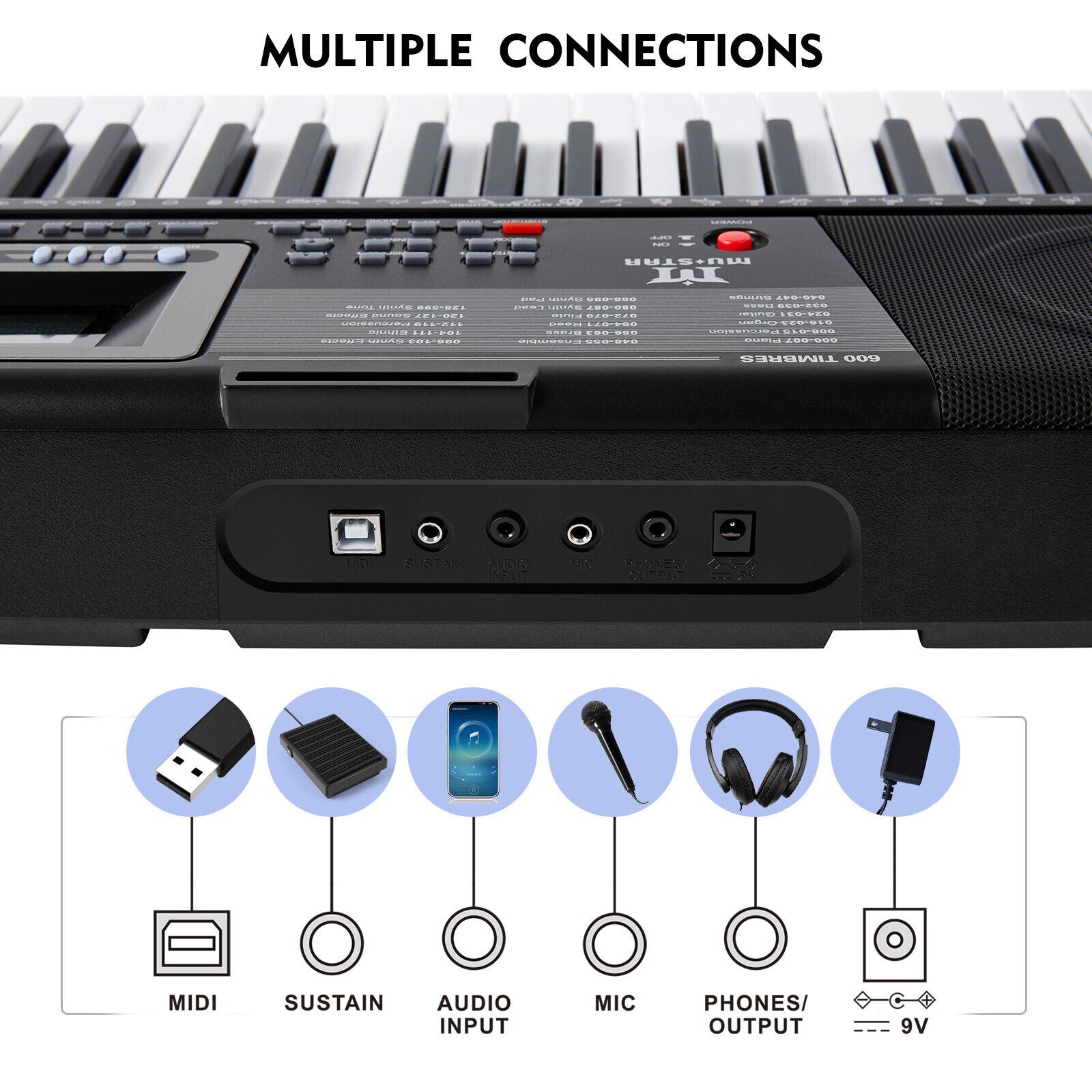 Mustar 61 Lighted Keys Electronic Keyboard Piano Set with USB MIDI， Headphones， Microphone， Sustain Pedal， Stand for Beginner