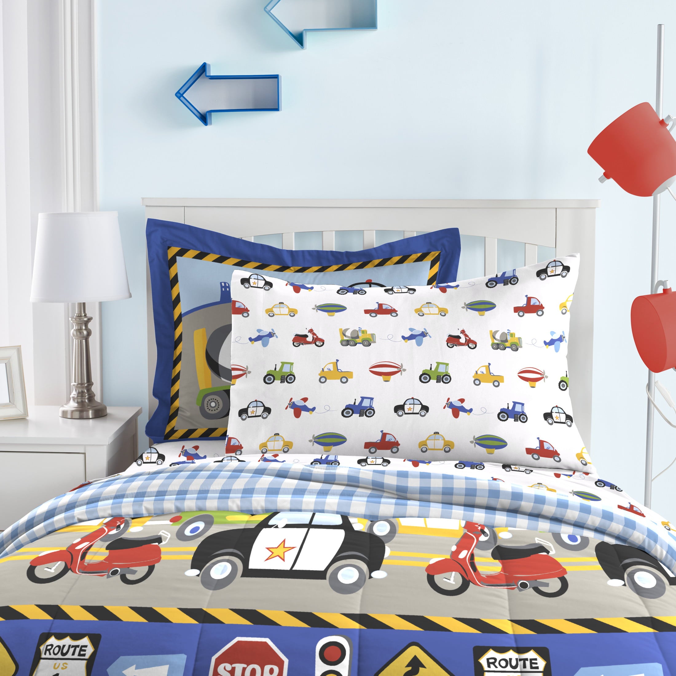 Dream Factory Trains And Truck Twin 5 Piece Comforter Set， Cotton/Polyester， Blue， Red， Yellow， Multi