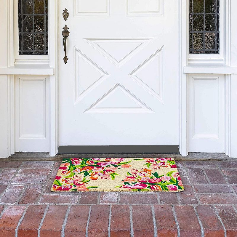 Floral Natural Coir Nonslip Welcome Door Mat (Pink， Orange， Green， 17 x 30 in)