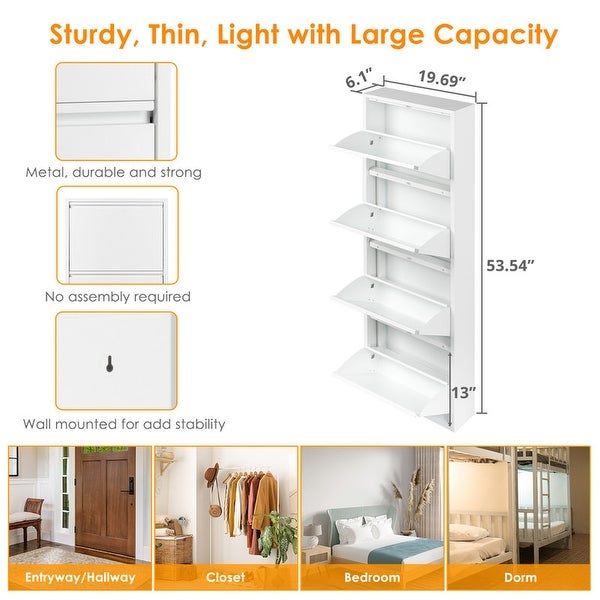 4 Drawer Shoe Cabinet， 4Tier Shoe Rack Storage Organizer， White Color - - 37926720