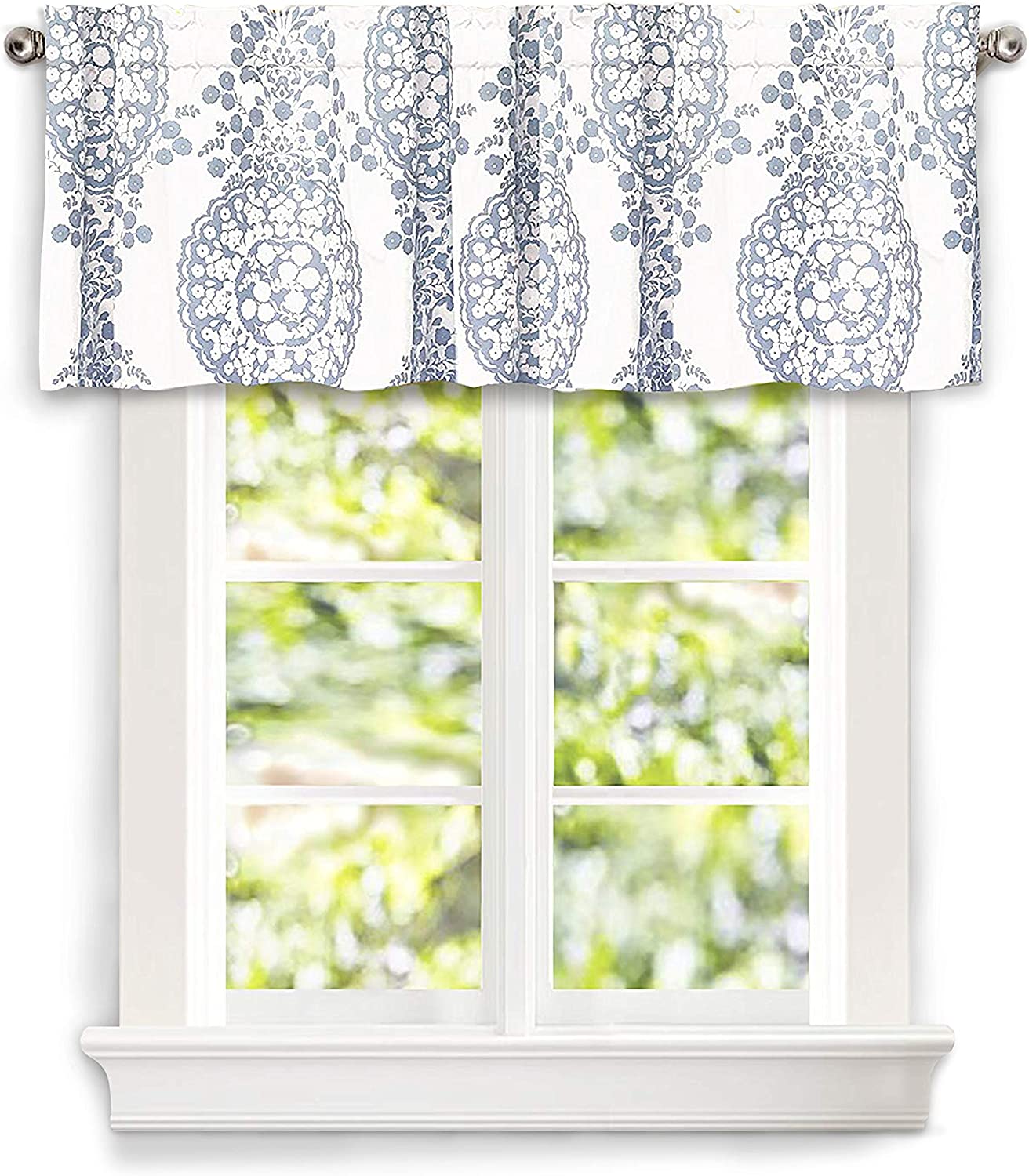 DriftAway Samantha Floral Damask Medallion Pattern Thermal Valance for Kitchen Living Room Single Rod Pocket 52 Inch by 18 Inch Plus 2 Inch Header Dusty Blue