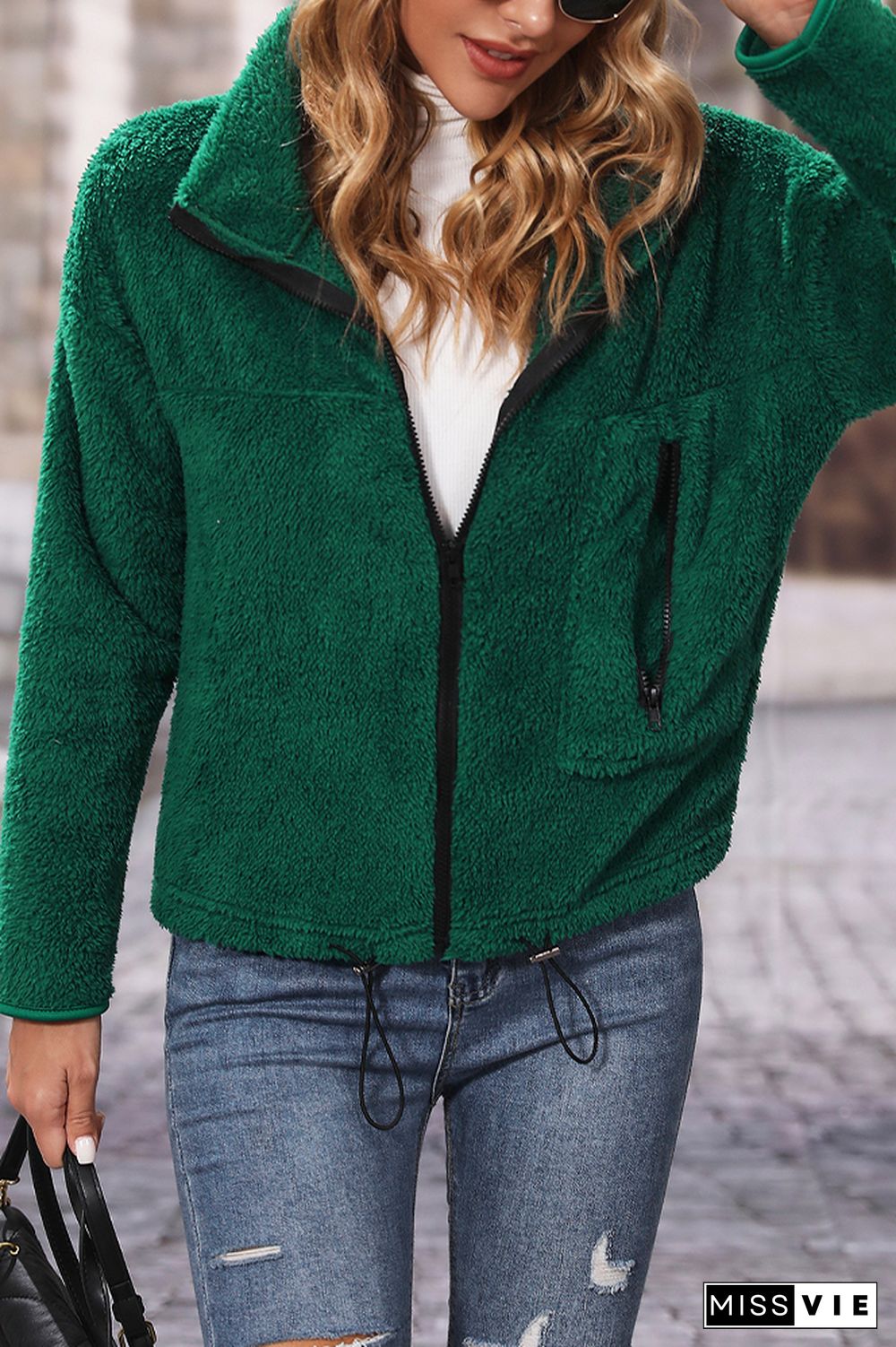 Dark Green Stand Collar Open Zipper Jackets