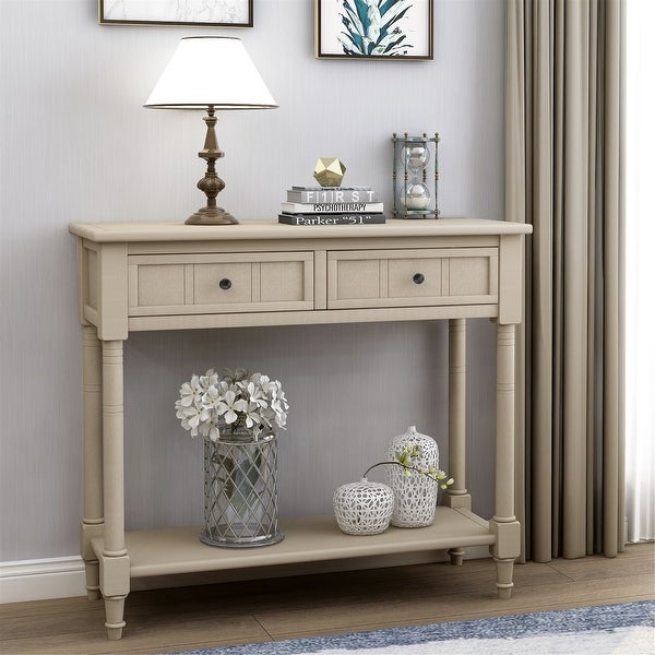 Retro Grey Entry Console Table with Two Drawers and Bottom Shelf