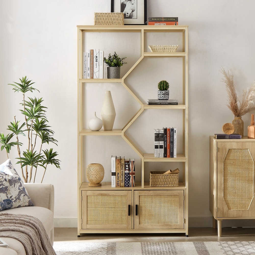 Natural Style Rattan Bookshelf  Plant Stand  7 Tier Bookcase Storage Rack with Cabinet  Display Shelf for Living Room  Office