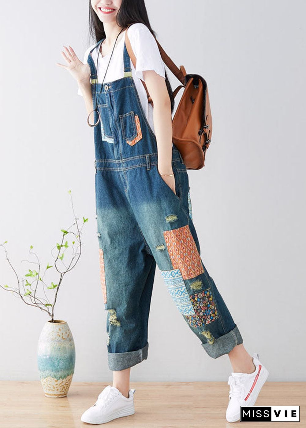 Art Blue pockets Patchwork ripped denim Jumpsuit Spring