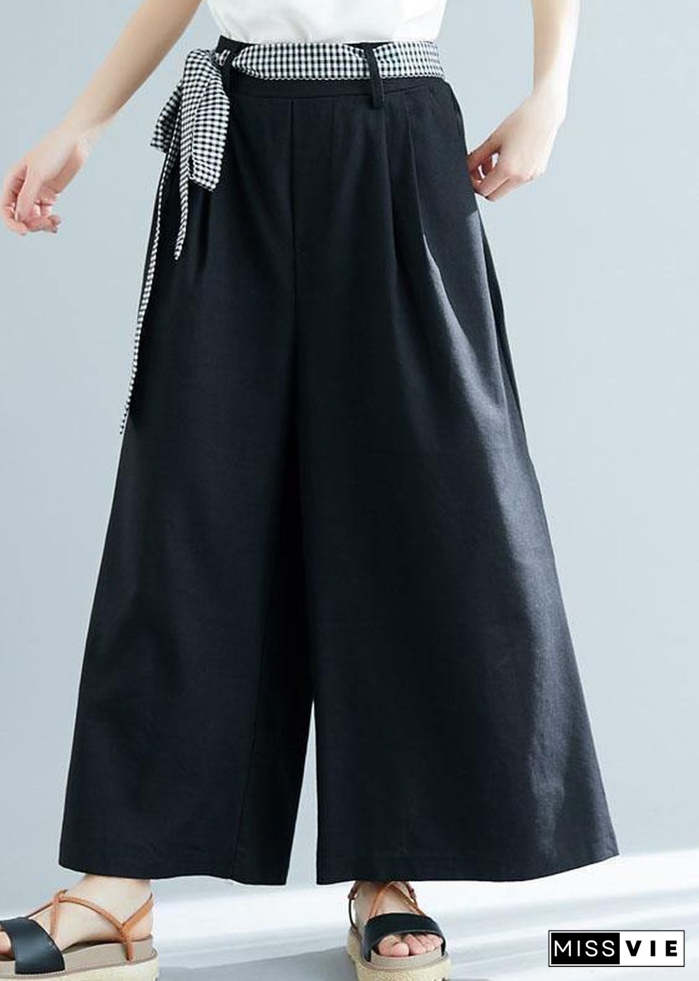 black cotton blended wide leg pants tie waist casual trousers