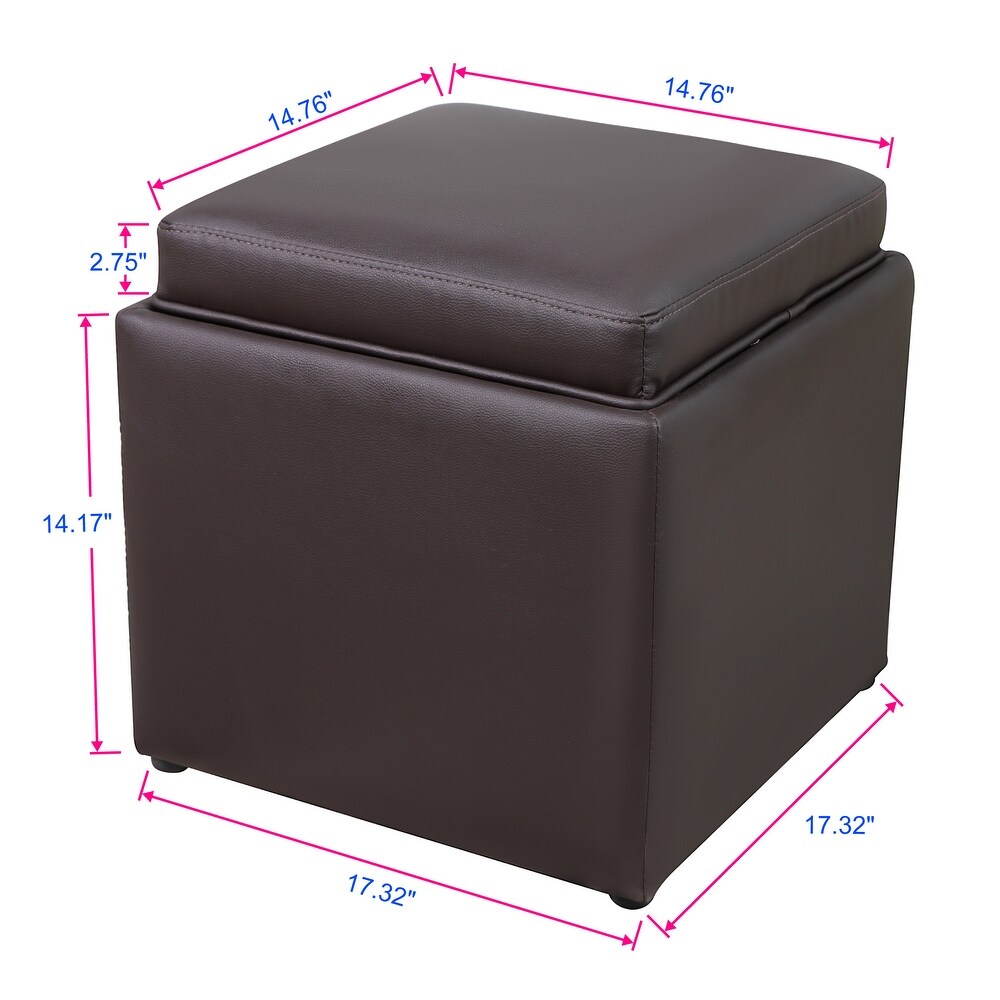 Square Storage Ottoman with Tray Faux Leather Upholstered Footrest Stool Side Coffee Table Seat for Living Room Dining Room