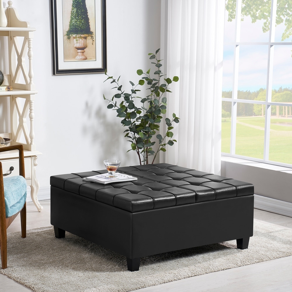 Simple Coffee Table Faux Leather Folding Storage Ottoman Bench Padded Seat with Rubberwood Legs for Lounge Living Room