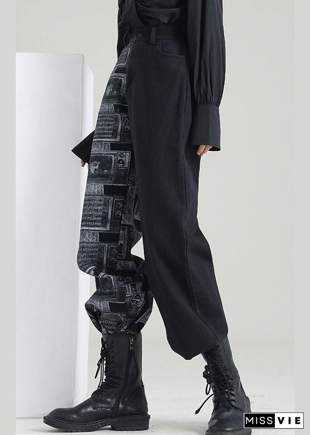 Art Black Zip Up Patchwork denim Pants Spring