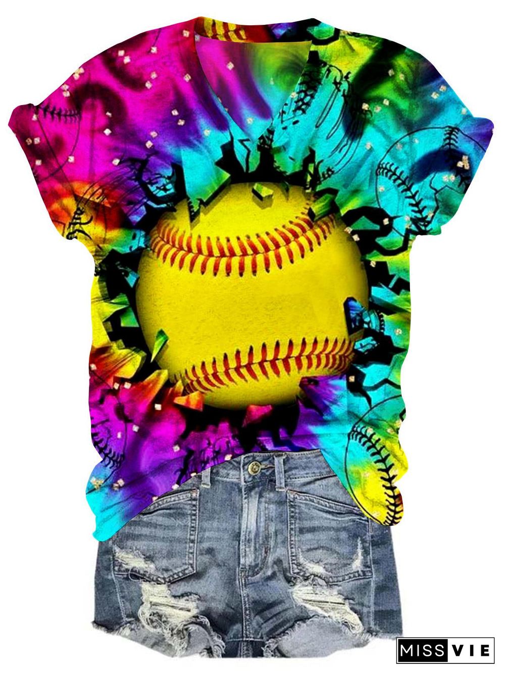 Softball Print Casual V Neck T-Shirt