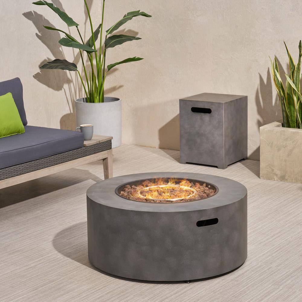 Noble House Wellington 15.25 in. x 19.75 in. Round Concrete Propane Fire Pit in Dark Grey with Tank Holder 70380